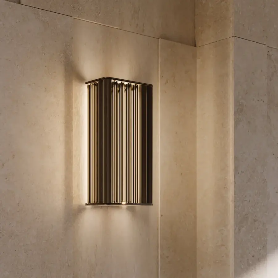 Distinguished VENICEM Numa wall lamp crafted with dark burnished brass and refined Murano blown glass trihedrons in a smoke grey finish