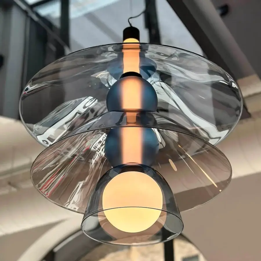Superior Penta Gems suspension lamp crafted in smoky grey glass and dark matte metal with golden accents