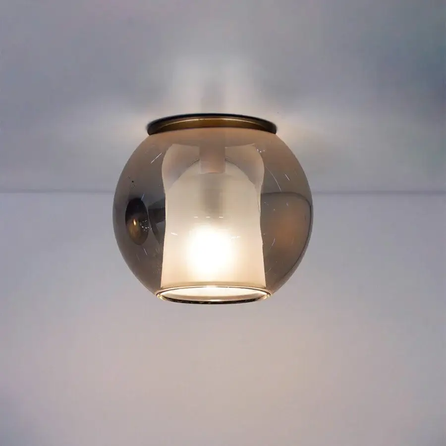 Distinguished Penta Glo ceiling lamp crafted in brownish-grey glass with a satin-finish metallic band for warm illumination