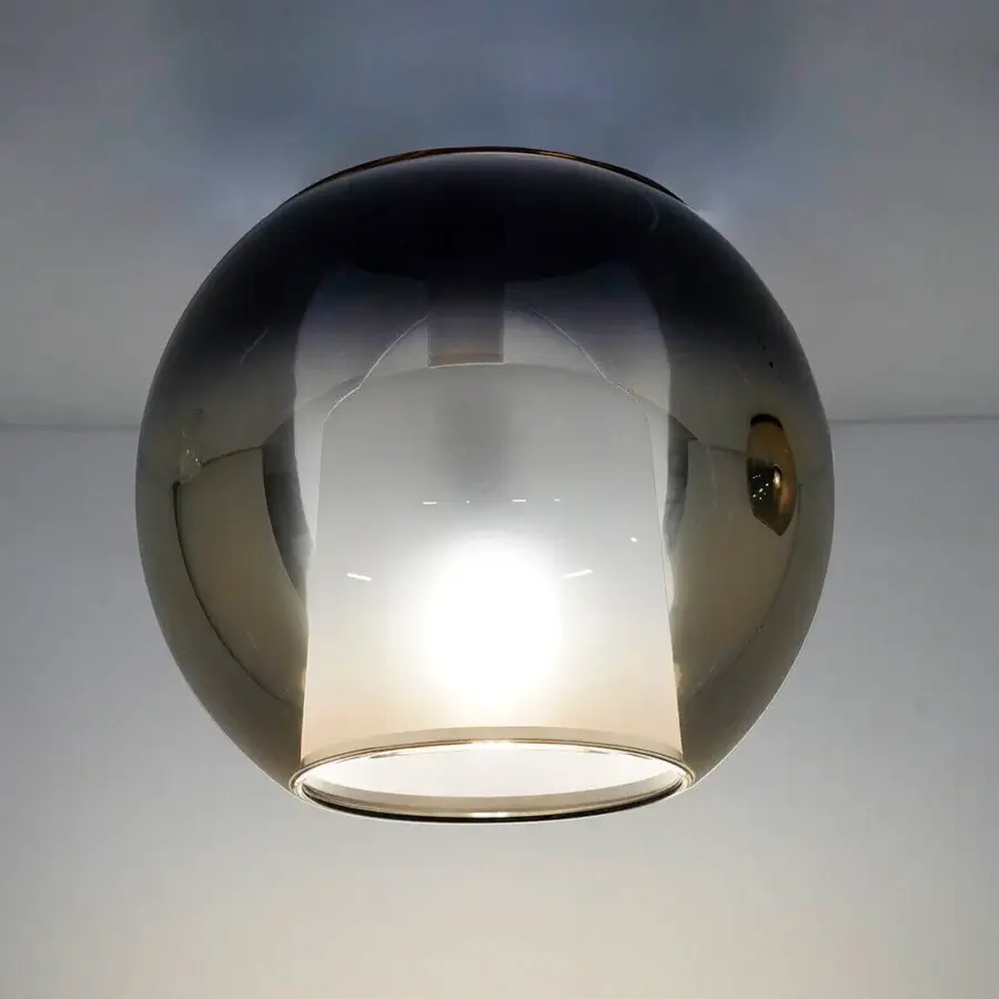 Exceptional Penta Glo ceiling lamp crafted in polished metal with a muted brownish-grey finish and smooth spherical silhouette