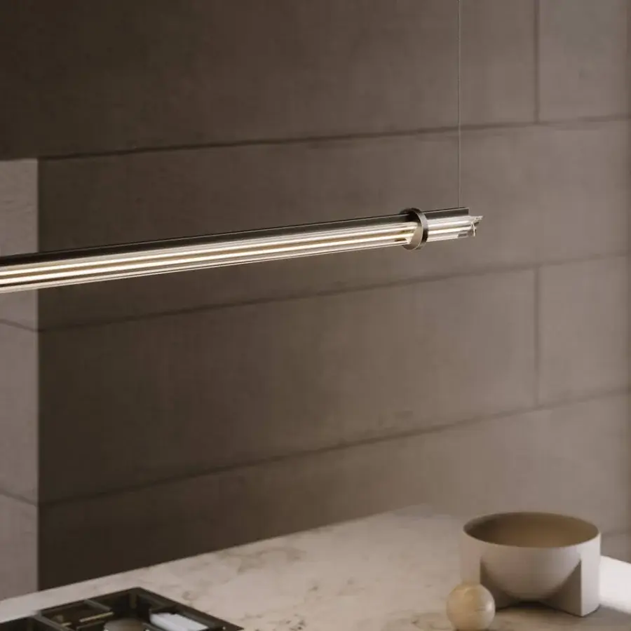 Superior VENICEM Optical Suspension lamp with refined natural burnished brass and bright silver tone metal rods