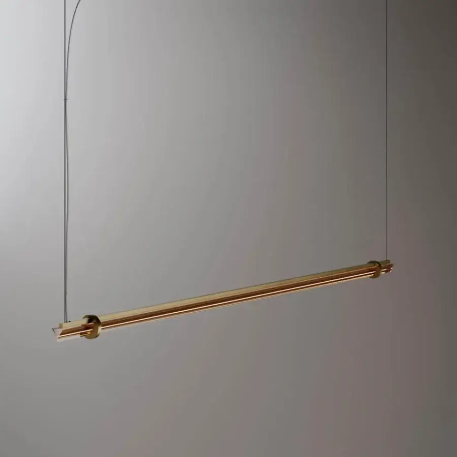 Elegant VENICEM Optical Suspension lamp crafted in burnished brass with a smoke grey glass trihedron diffuser and satin finish