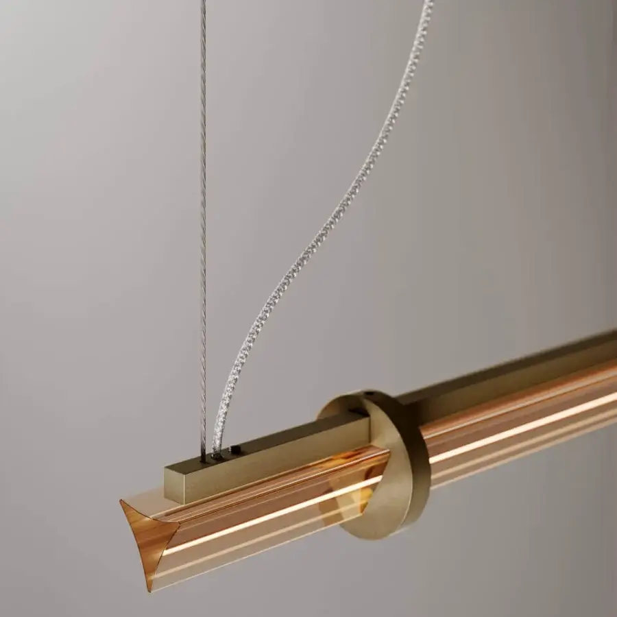 Distinguished VENICEM Optical Suspension lamp with a burnished brass structure and amber triangular glass diffuser crafted in Italy
