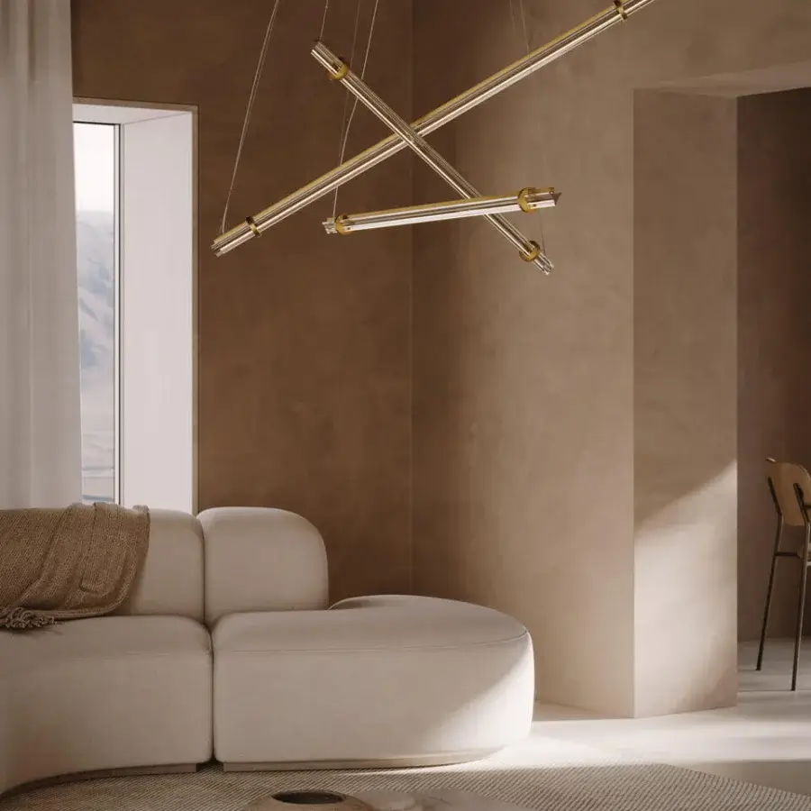 Exclusive VENICEM Optical Suspension lighting with a natural burnished brass structure and smoke grey trihedron glass diffusers
