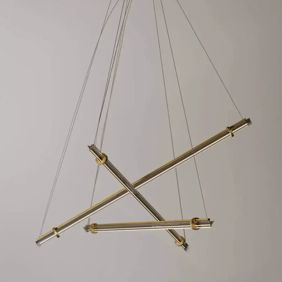 Superior VENICEM Optical Suspension lighting with a refined natural burnished brass structure and smoke grey glass trihedron diffusers