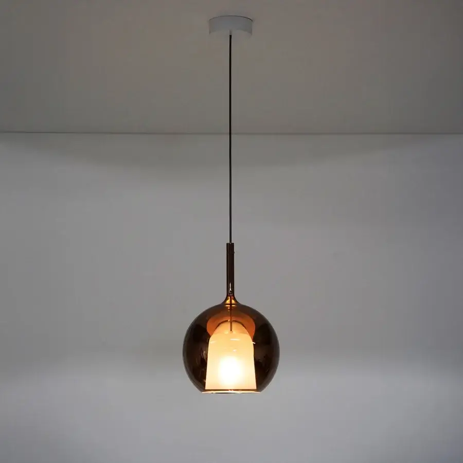 Exquisite Penta Glo suspension lamp in warm coppery mirrored glass with a sandblasted inner layer and glossy finish