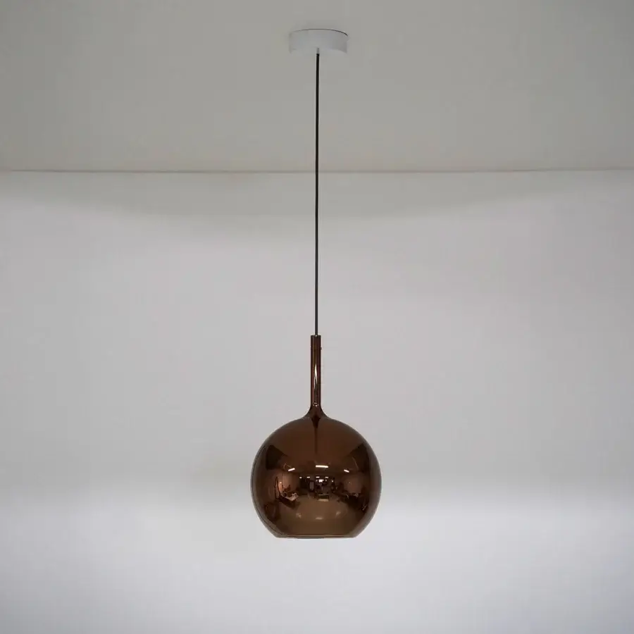 Elegant Penta Glo suspension lamp in bronzed mirrored glass with a captivating organic bulbous form and sleek metal stem