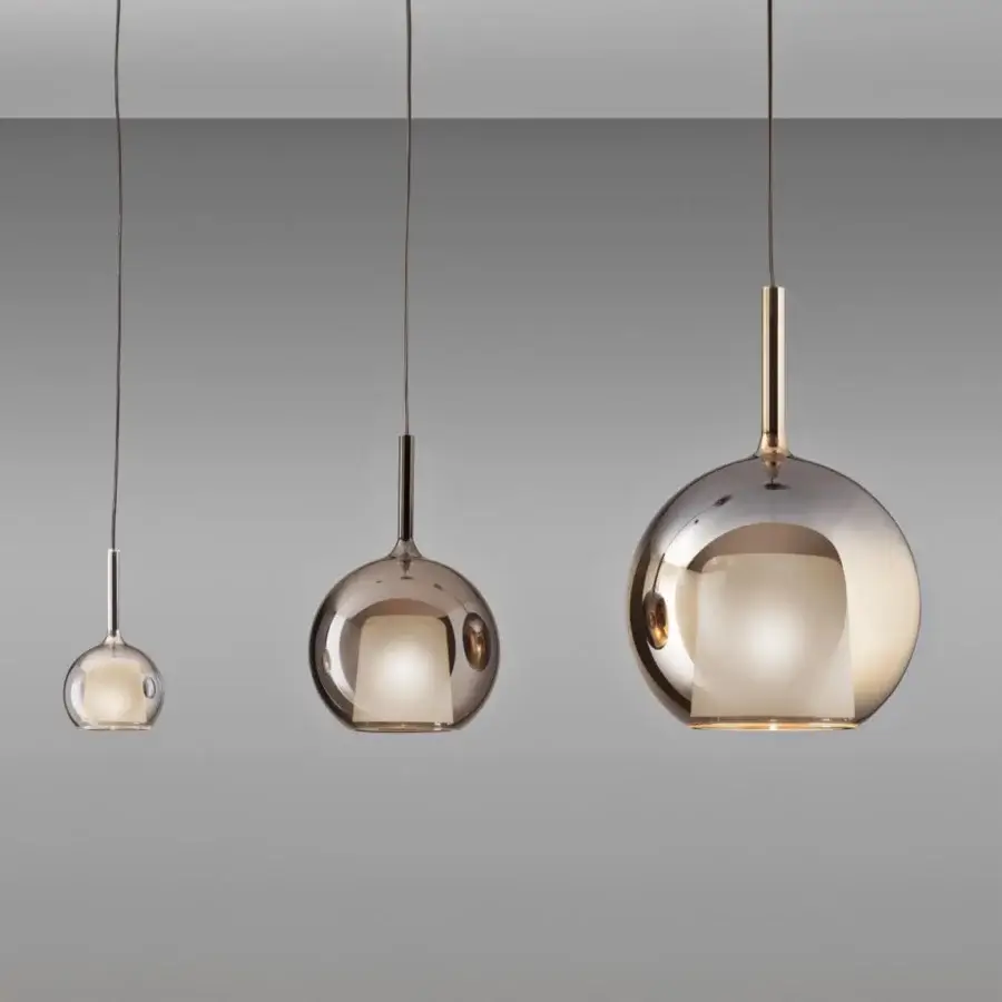 Exclusive Penta Glo suspension lamp crafted in mirrored glass with sandblasted layers and golden-bronze finish