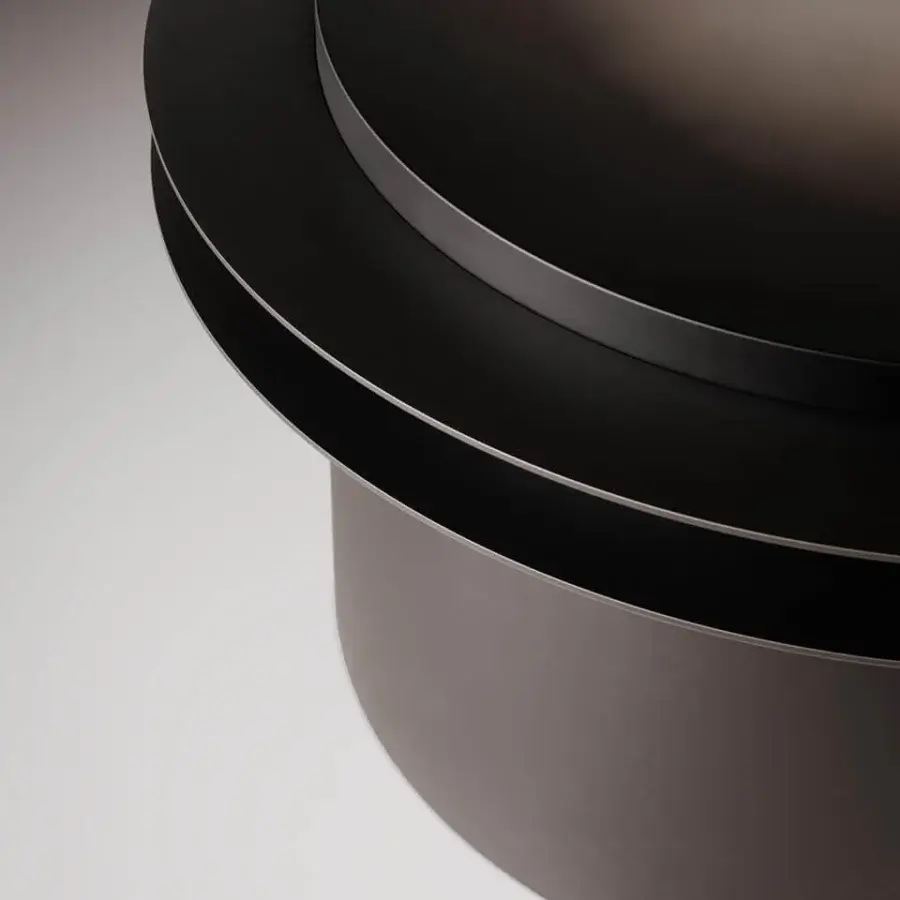 Exceptional VENICEM Ring Coffee Table with concentric cylindrical rings crafted in burnished muted gray metal
