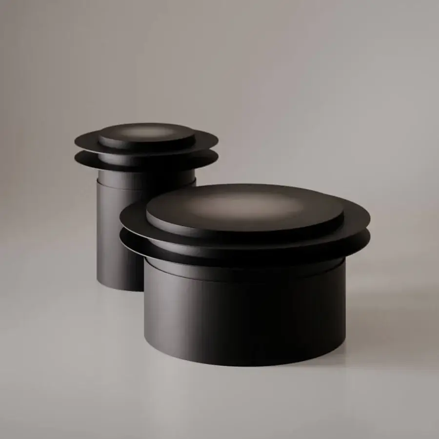 Distinguished VENICEM Ring Coffee Table with nested cylindrical forms crafted in blended burnished metal and muted black finish