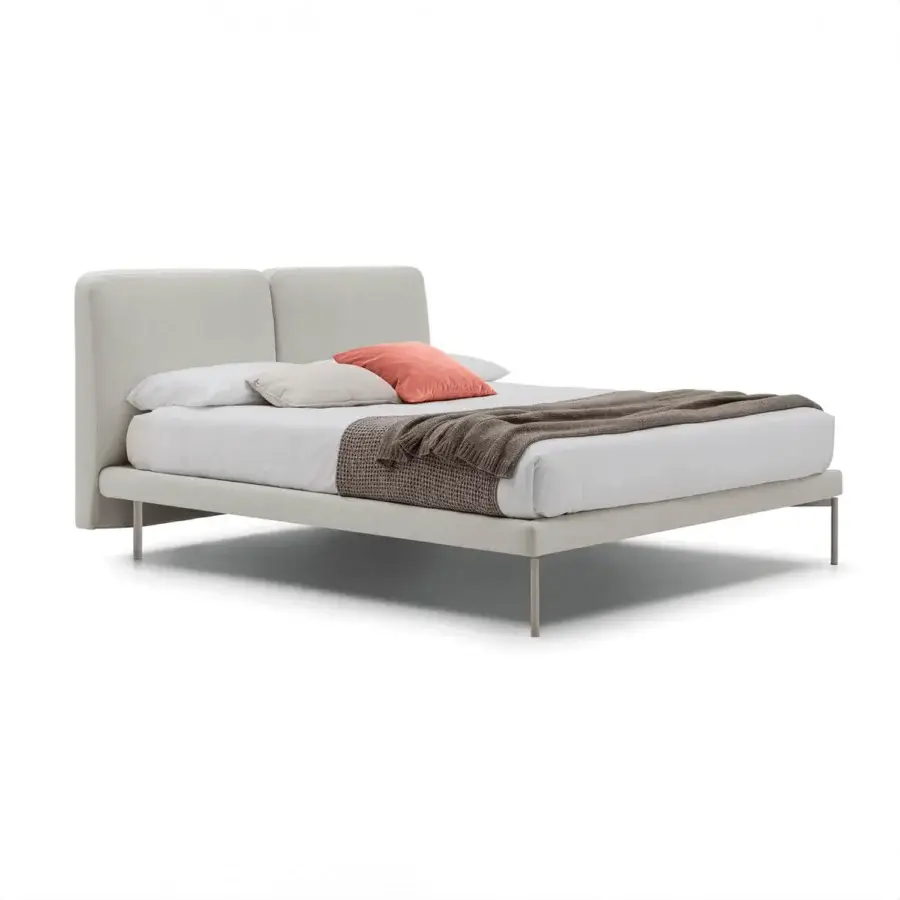 Superior Bolzan Letti Feel bed with softly arched form upholstered in light beige textile and durable firwood construction