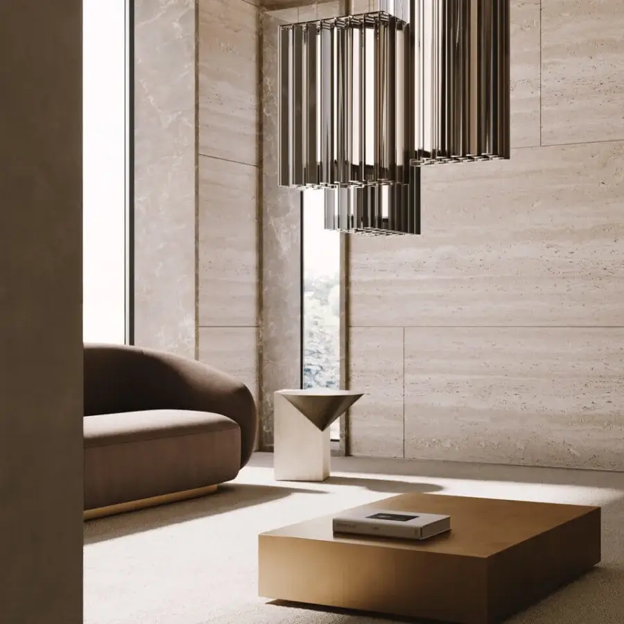 Distinguished VENICEM Rock coffee table crafted in striped travertine marble with burnished brass accents and satin finish