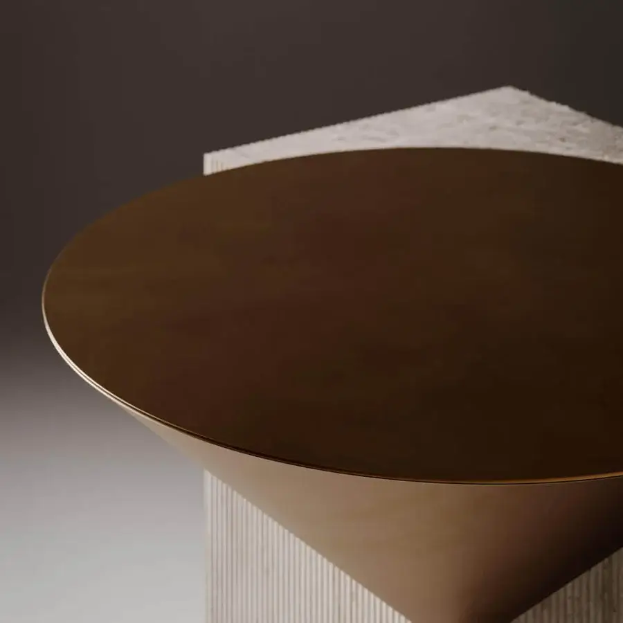 Superior VENICEM Rock coffee table with geometric form built in striped travertine marble and burnished brass