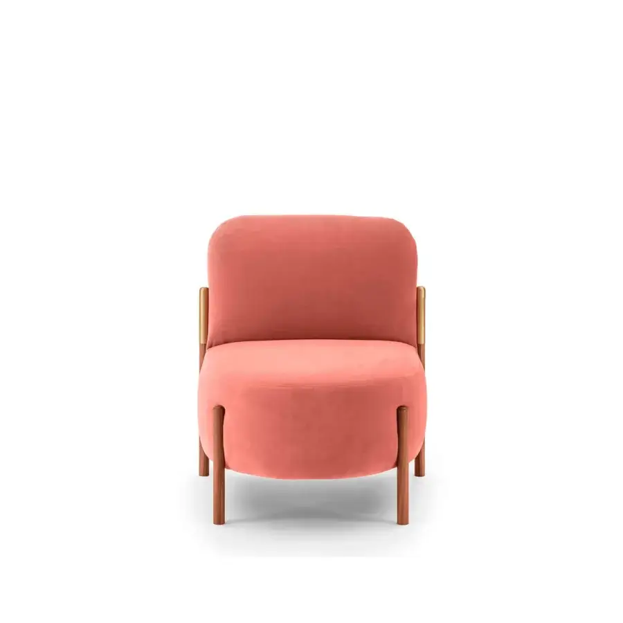 Elegant Bolzan Letti Flag lounge chair upholstered in textured coral pink textile with a satin medium-tone wood frame