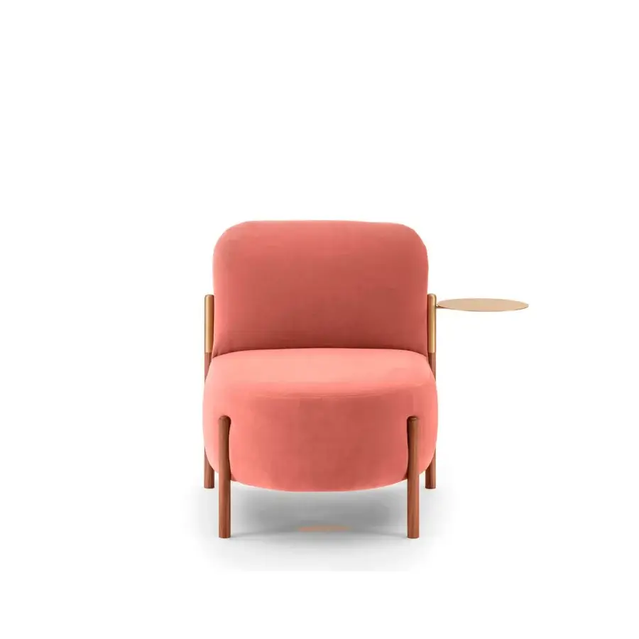 Superior Bolzan Letti Flag lounge chair upholstered in coral textured textile with warm brown wooden frame and integrated side table