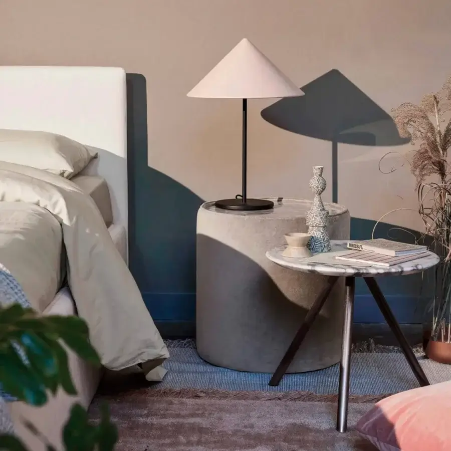 Superior Bolzan Letti Jill nightstand crafted in Italy with textured matte beige composite and satin light wood tripod base