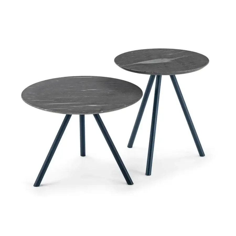Superior Bolzan Letti Jill nightstand with medium gray marble tabletop and dark gray outward-angled metal legs in matte finish