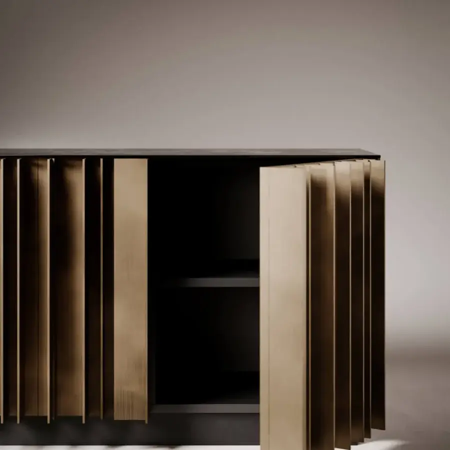Distinguished VENICEM Serge sideboard with dark bronze striped aluminum profiles and a muted gold textured facade