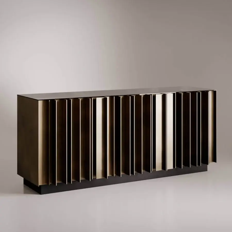 Exceptional VENICEM Serge sideboard crafted with matt black lacquered body and reeded golden-bronze aluminum profiles with bronze antique mirror
