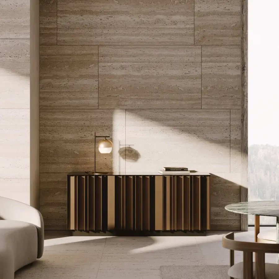 Distinguished VENICEM Serge sideboard built with dark bronze striped aluminum profiles and a matt black lacquered body with wood slat facade