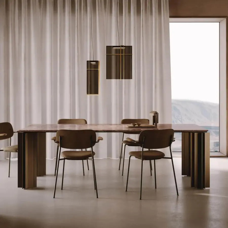 Elegant VENICEM Utmost suspension lamp with burnished brass structure and refined bronze transparent glass diffuser embodies contemporary sophistication