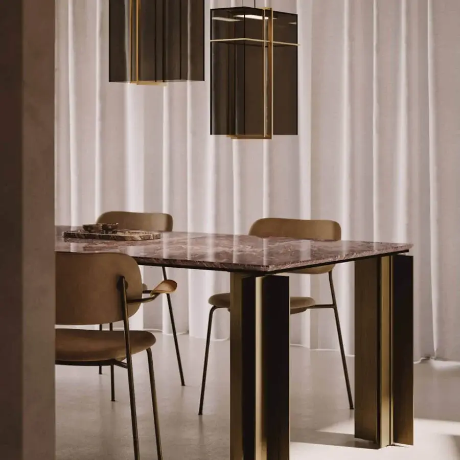 Superior VENICEM Utmost suspension lamp with burnished brass structure and transparent bronze glass diffuser crafted in Italy