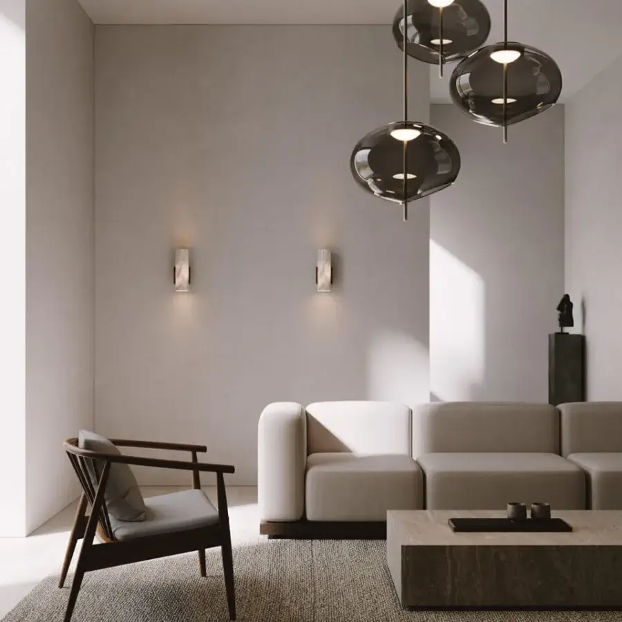 Elegant VENICEM Trou Suspension Lamp with dove grey blown glass and light burnished brass structure boasts a smooth glossy finish