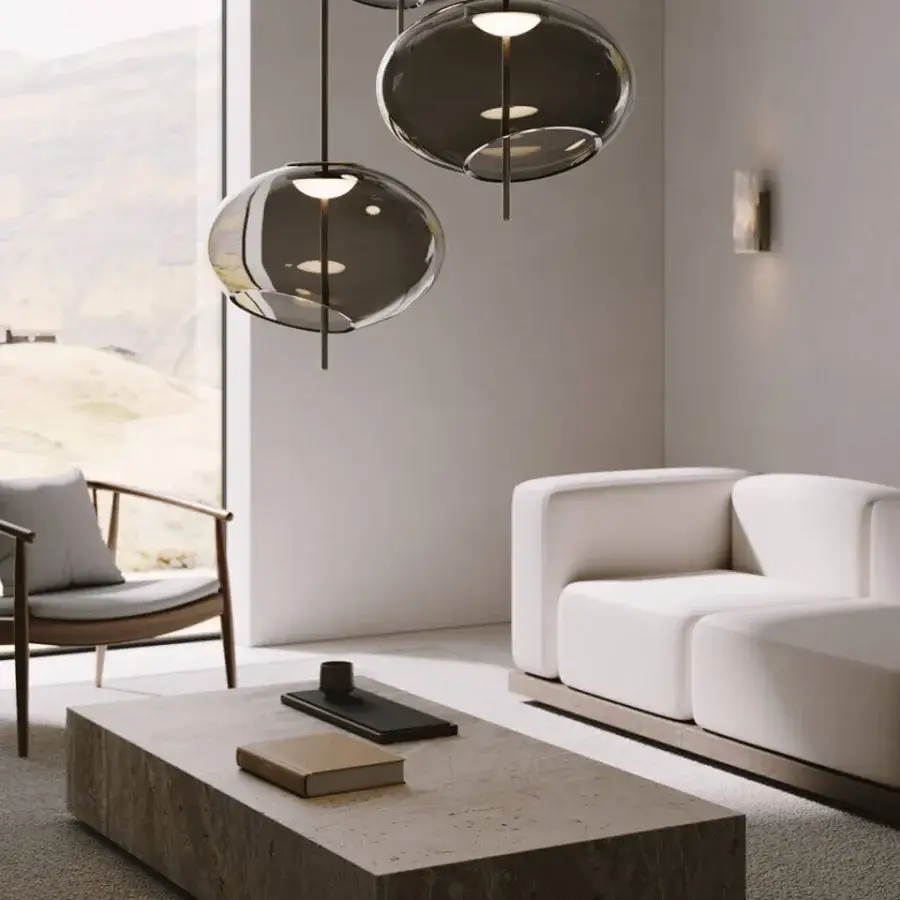 Superior VENICEM Trou suspension lamp with dove grey blown glass and light burnished brass structure