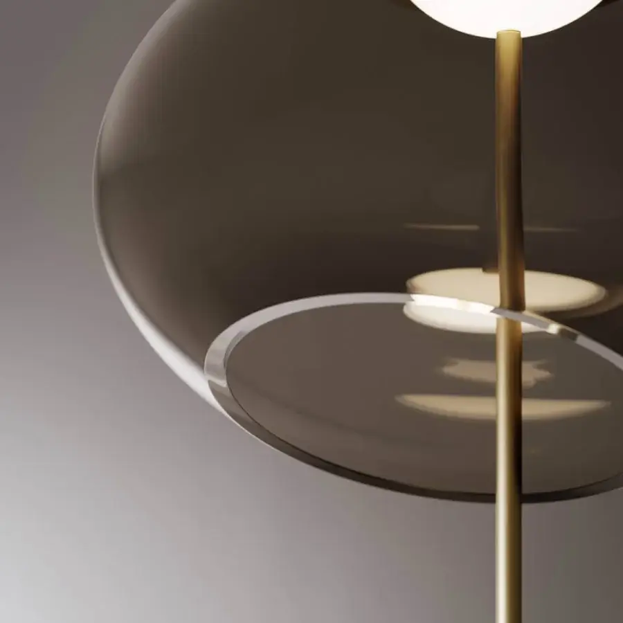 Distinguished VENICEM Trou suspension lamp with dove grey glossy blown glass and light burnished brass structure crafted in Italy