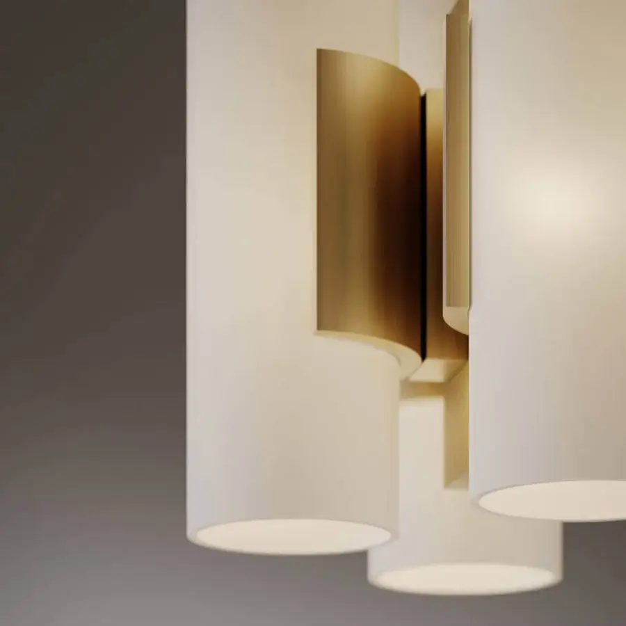 Exceptional VENICEM suspension lamp with light burnished brass metal and white polished glass diffusers exhibiting a minimalist finish