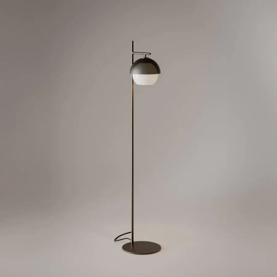 Elegant VENICEM Urban Floor Lamp with burnished brass structure and matt gold perforated metal mesh lampshade crafted with a white Murano glass diffuser