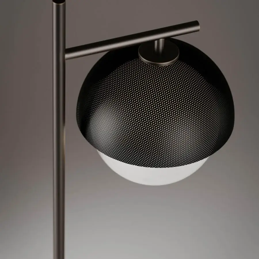 Superior VENICEM Urban Floor Lamp with burnished brass structure and matt black perforated metal mesh lampshade crafted in Italy