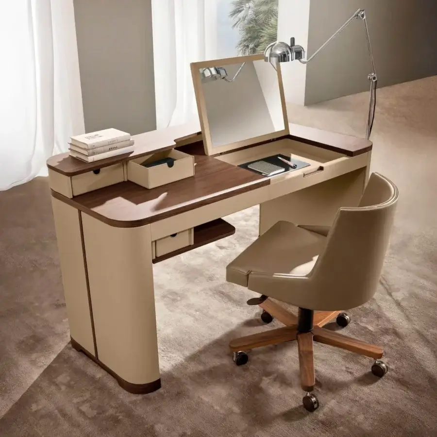 Distinguished 4 Mariani Artur desk with modern asymmetric design and soft leather accents in a medium-dark brown wood satin finish