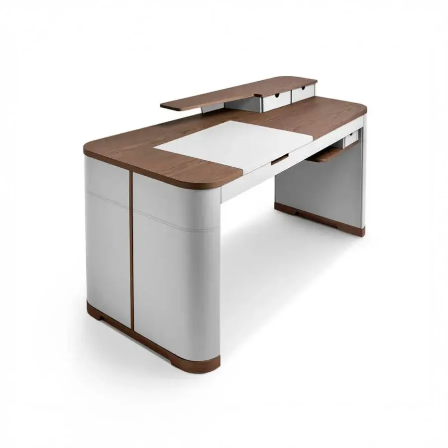 Exclusive 4 Mariani Artur desk with modern asymmetric design crafted in wood and soft leather with satin finish