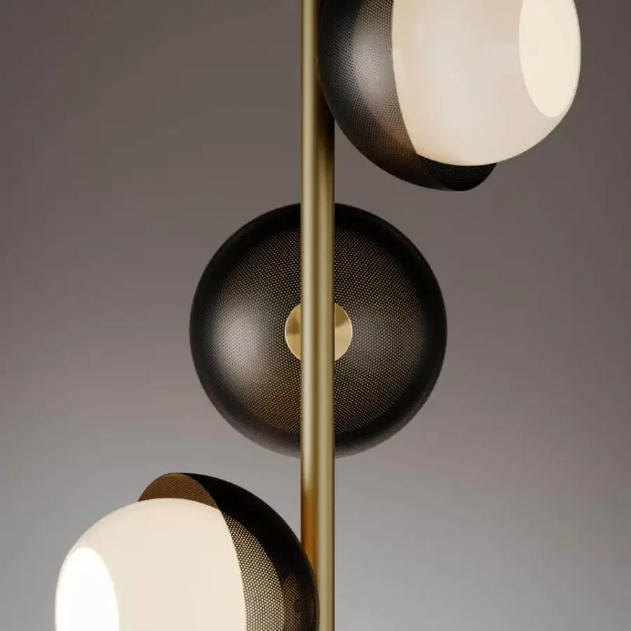 Distinguished VENICEM Urban floor lamp with burnished brass and matt black perforated metal mesh lampshades crafted with refined Murano blown glass spheres