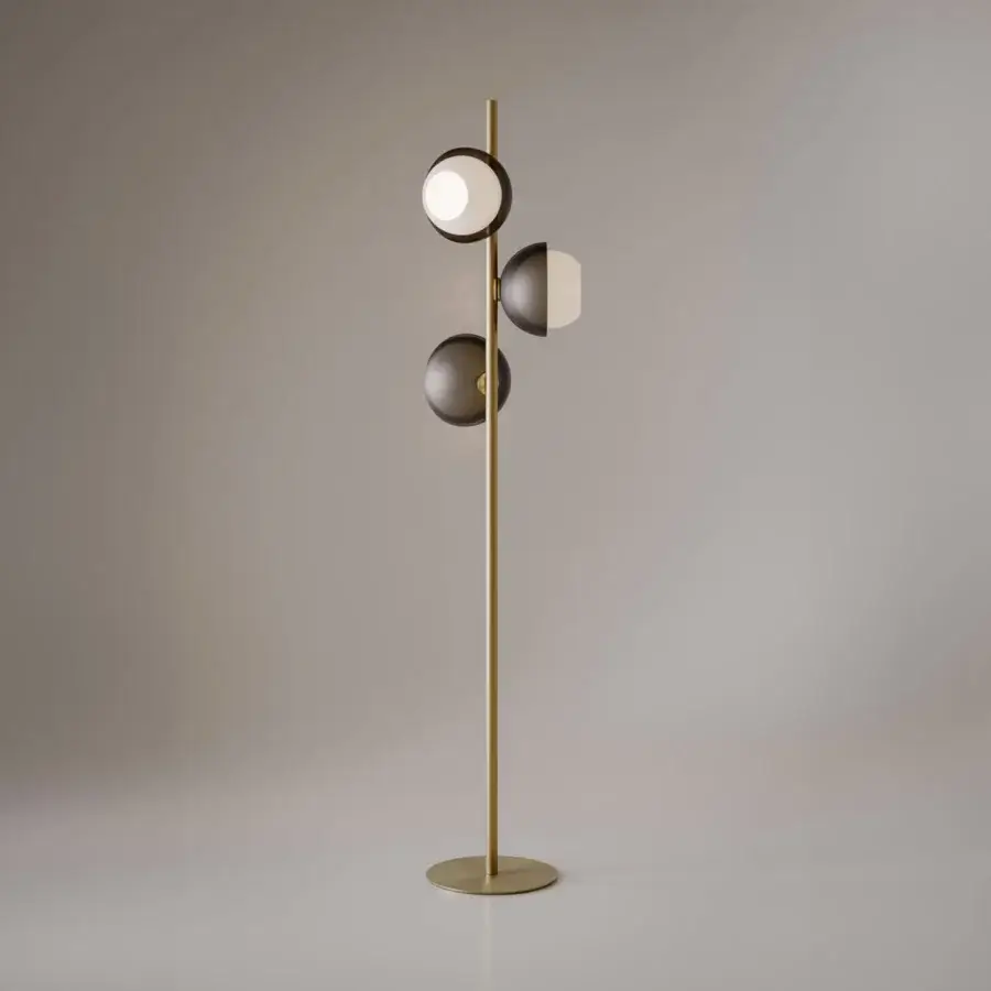 Exceptional VENICEM Urban floor lamp crafted with burnished brass and perforated metal lampshades with Murano glass spheres in dark brown and light gray tones