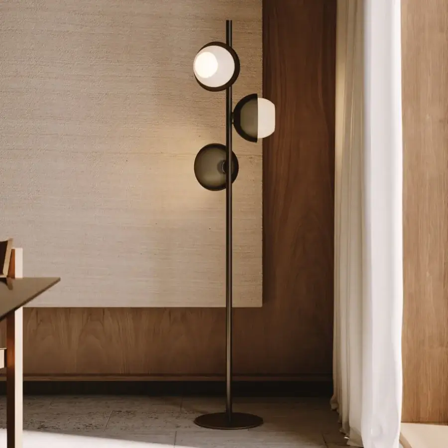 Elegant VENICEM Urban floor lamp with dark burnished brass and matt black perforated metal lampshades crafted in refined style