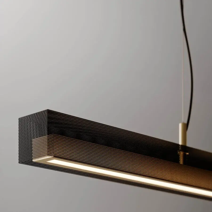Superior VENICEM Urban Lightline suspension lamp with burnished brass and matt black perforated metal mesh construction