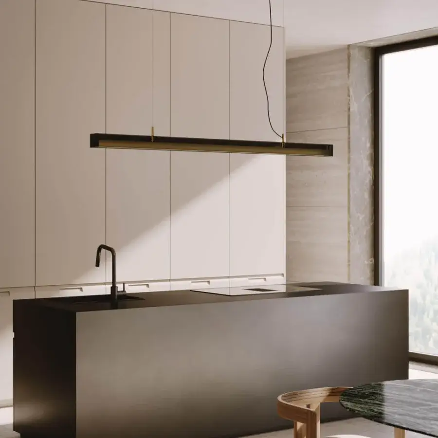 Elegant VENICEM Urban Lightline suspension lamp crafted in burnished brass with a matte black perforated metal mesh lampshade