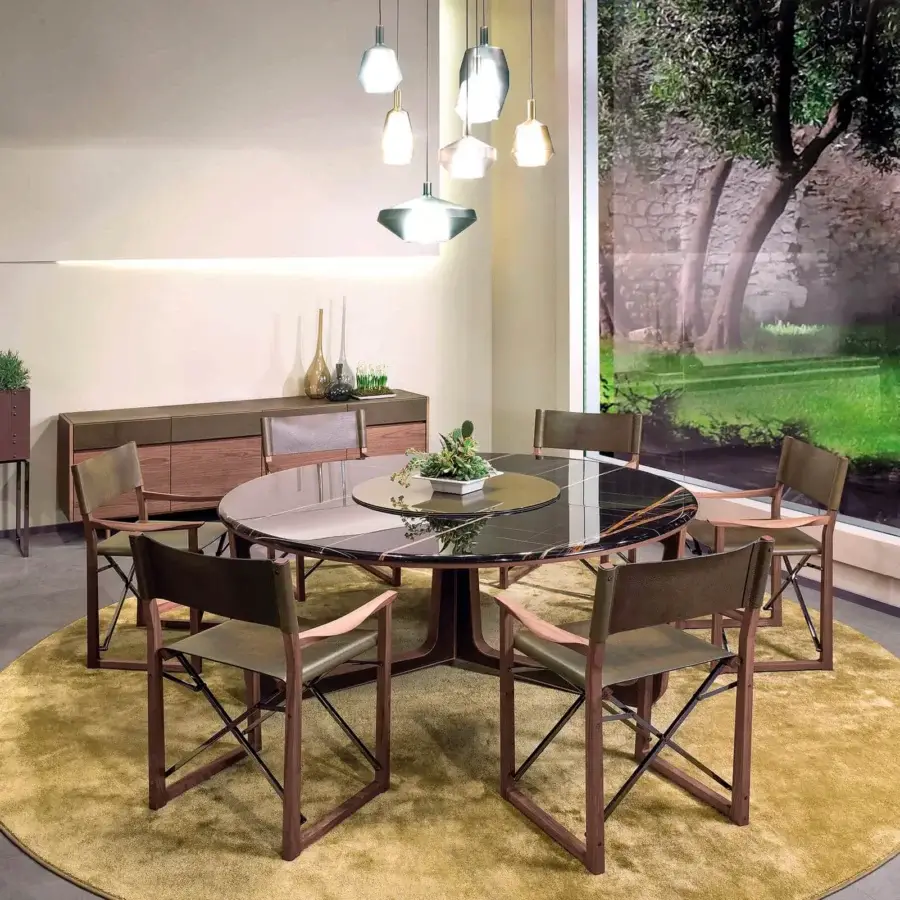 Distinguished 4 Mariani Ascot table crafted in Italy with polished marble tabletop and saddle leather detailed wood base