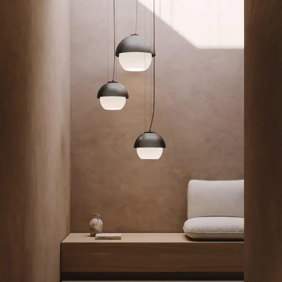 Distinguished VENICEM Urban Suspension lamp with dark burnished brass and perforated metal mesh, crafted in Italy with white Murano glass
