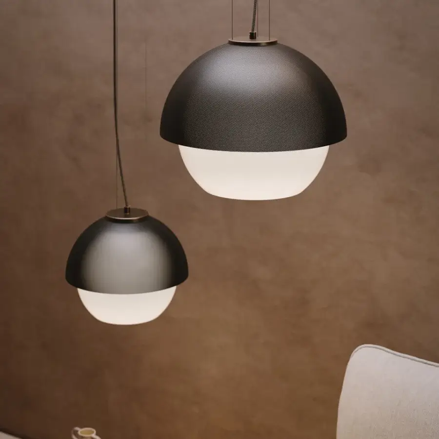 Exceptional VENICEM Urban Suspension lamp with burnished brass, perforated metal, and white Murano glass diffuser