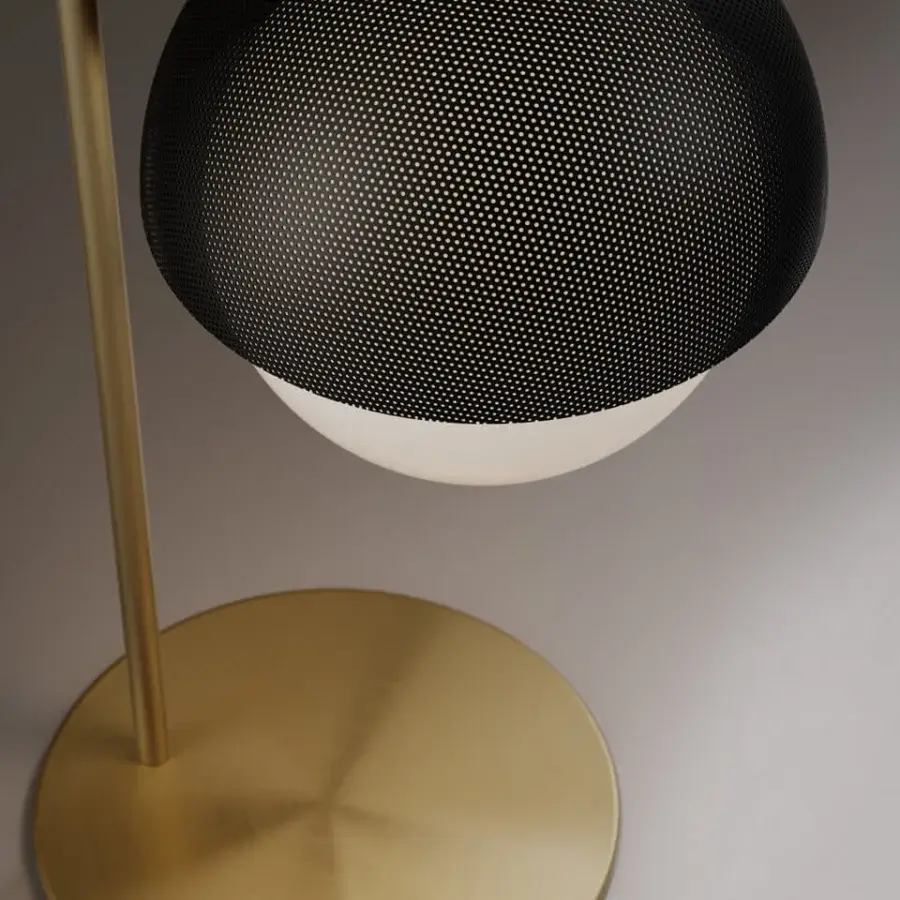 Superior VENICEM Urban table lamp with burnished brass, a matt black perforated metal mesh lampshade and white Murano glass diffuser