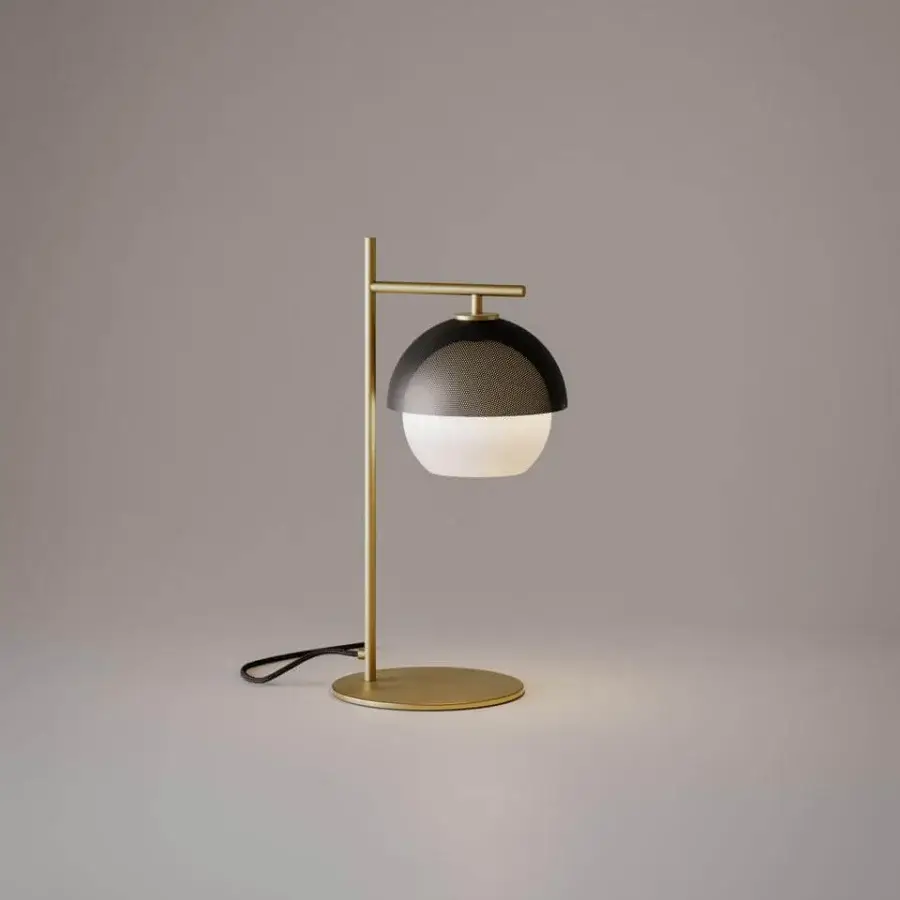 Elegant VENICEM Urban table lamp with burnished brass, a matt gold finish and perforated metal mesh lampshade with white Murano glass diffuser