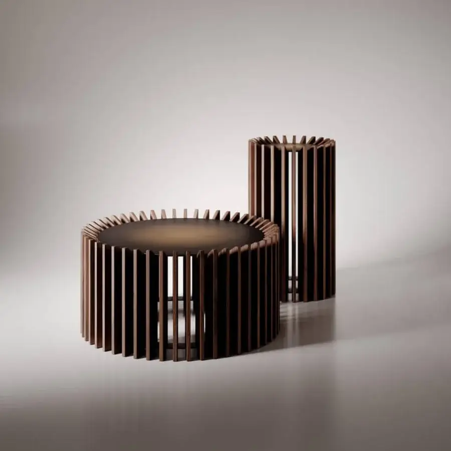 Distinguished VENICEM Blade coffee table crafted in burnished brass and refined matt canaletto walnut solid wood with a sculptural design