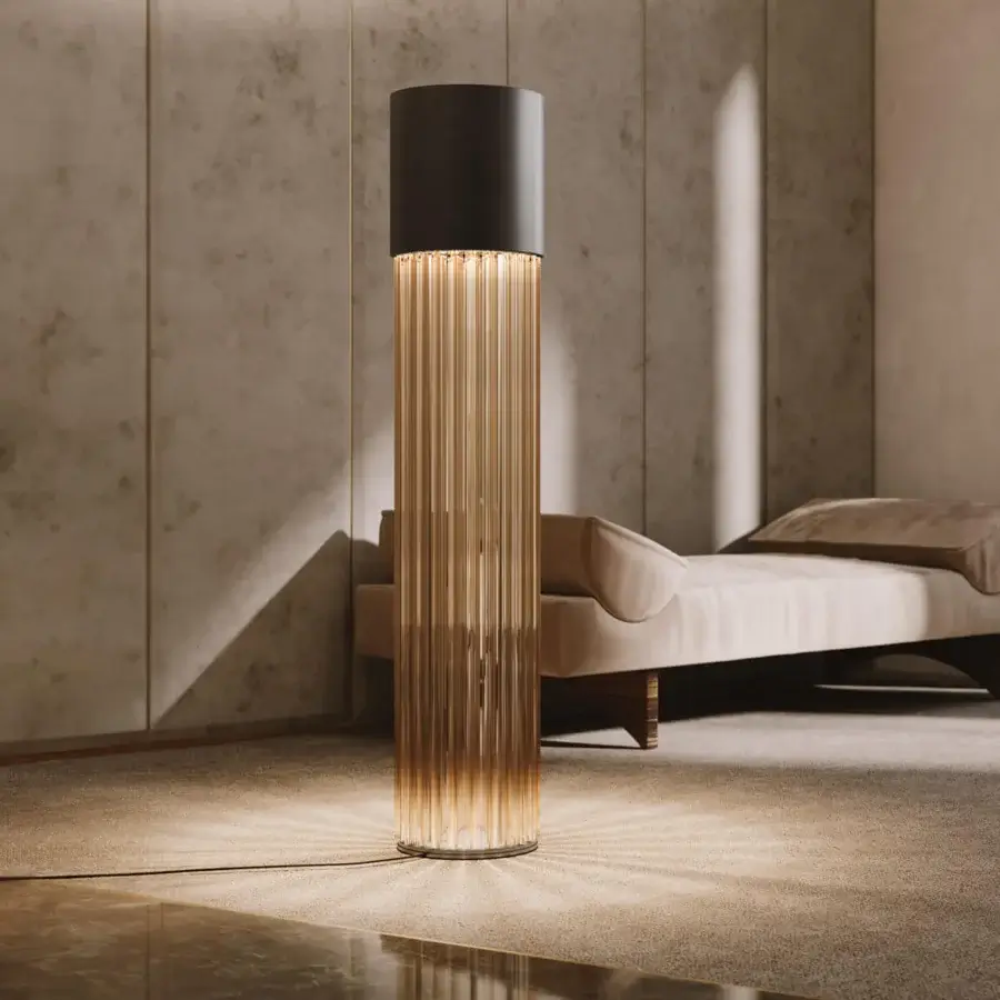 Superior VENICEM Chic floor lamp with dark bronze striped structure and amber Murano blown glass trihedrons crafted in Italy with smooth finish