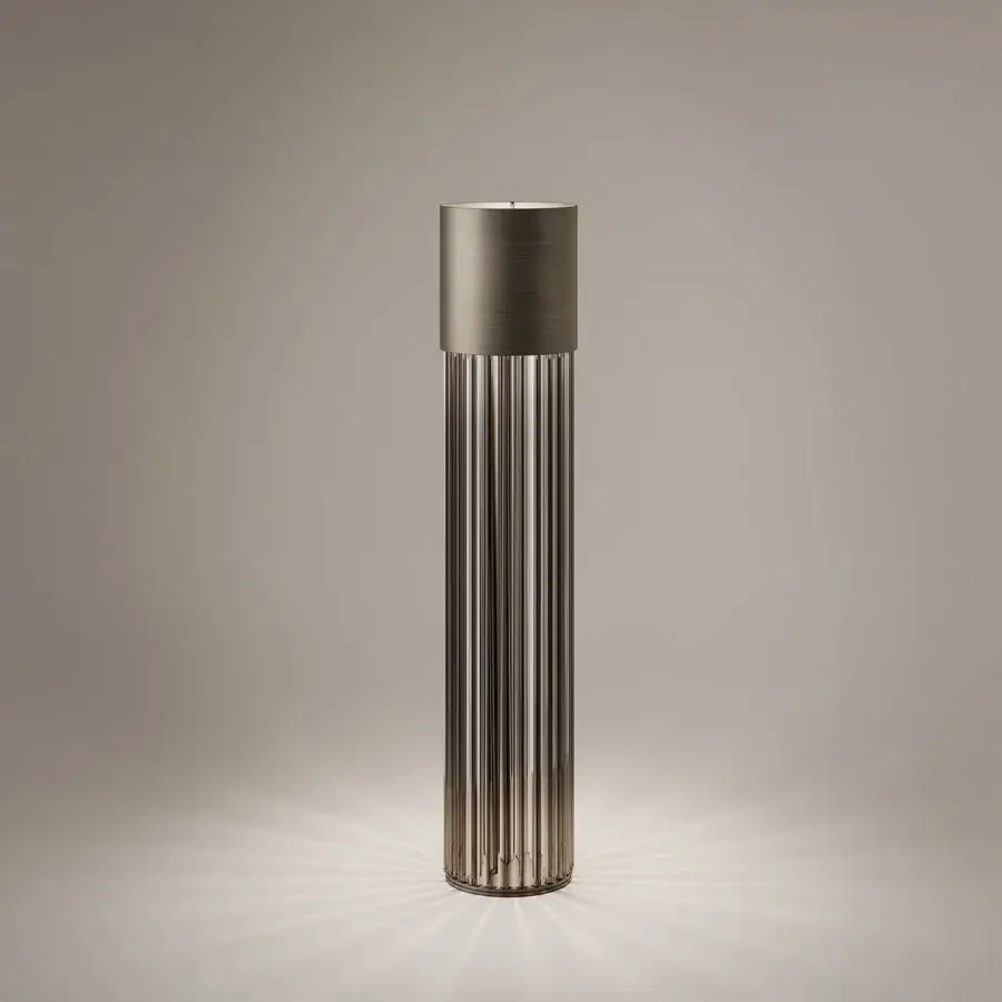 Exclusive VENICEM Chic floor lamp with dark bronze striped structure and smoke grey Murano blown glass trihedrons crafted in Italian design