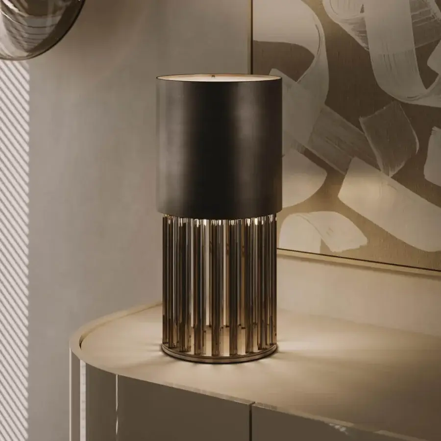 Elegant VENICEM Chic table lamp with dark bronze striped structure and smoke grey Murano blown glass shade in satin finish