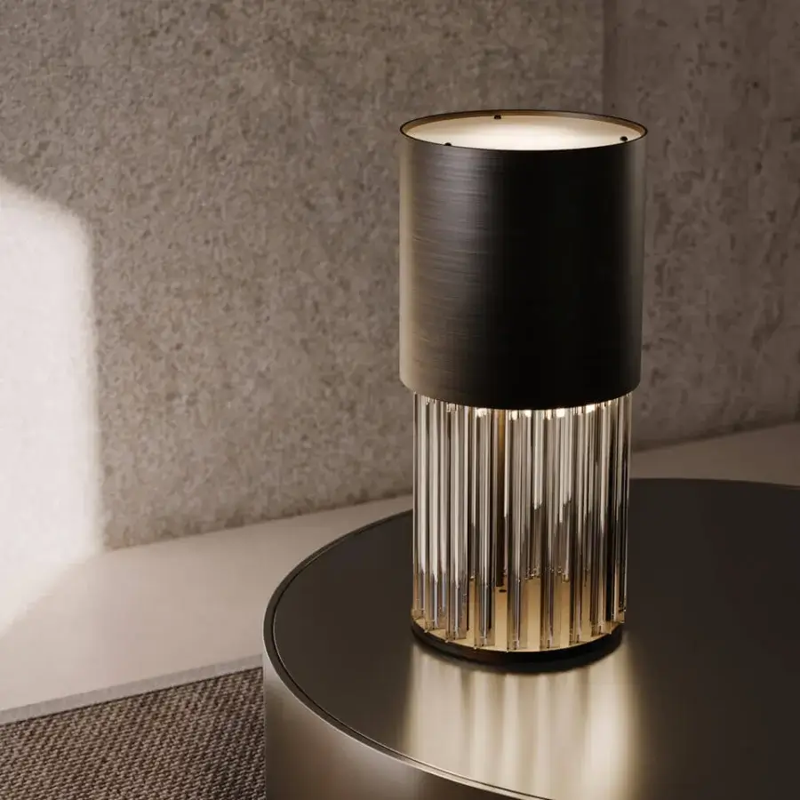 Superior VENICEM Chic table lamp with dark bronze striped structure and Murano blown glass trihedrons in golden-toned metal base