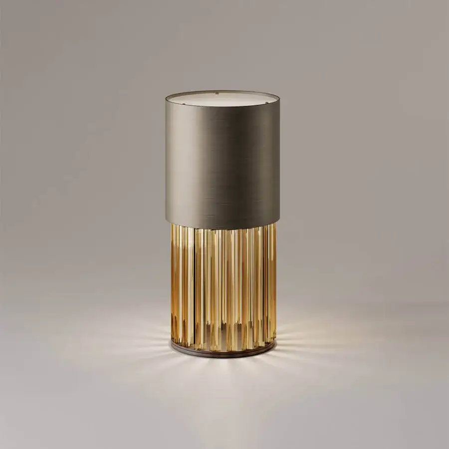 Distinguished VENICEM Chic table lamp with dark bronze striped structure and stunning Murano blown glass trihedrons crafted in a muted bronze finish